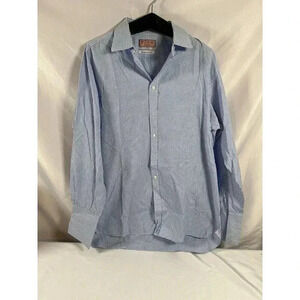 THOMAS PINK Dress Shirt Mens Size 35.5 Blue Gingham Superfine Two Fold Button Up